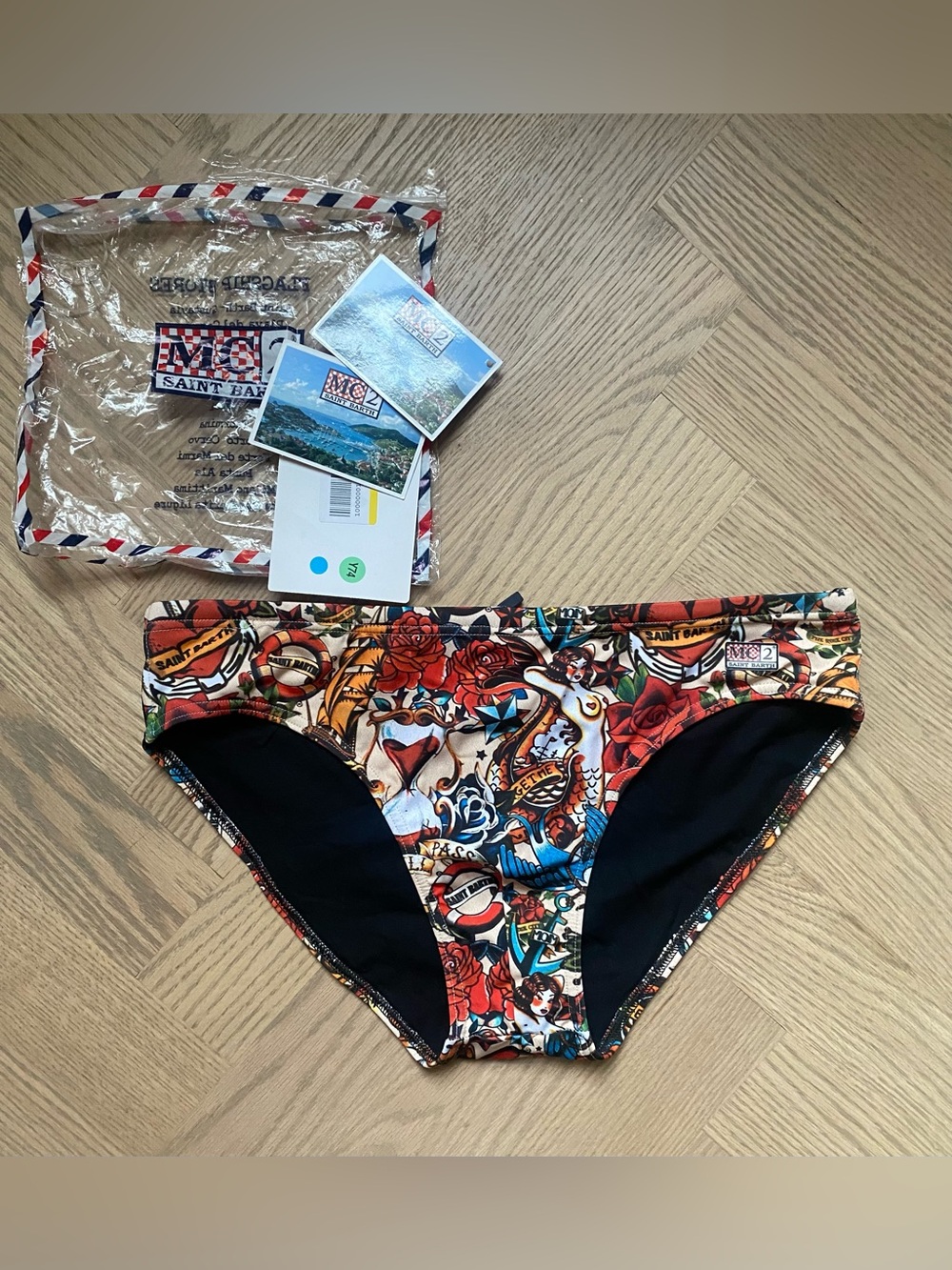 MC2 Saint Barth Mens Tattoo-Print Swim Briefs in Black and Multi